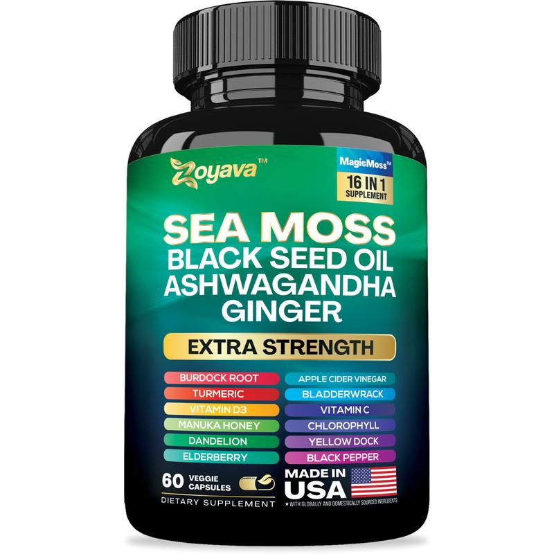 Sea Moss Supplement - All-in-One Multivitamin with Black Seed Oil, Ashwagandha & 15+ Extra Strength Ingredients - 60 Capsules