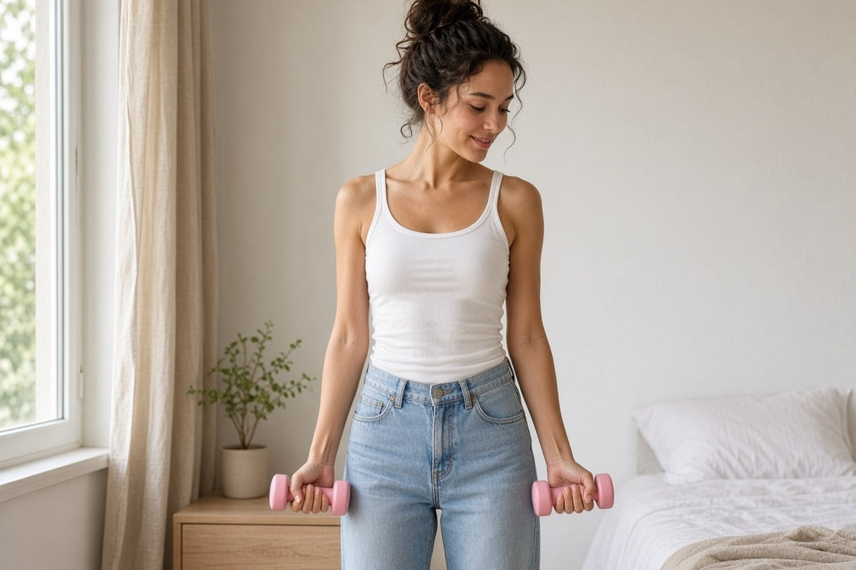 Slim woman starting strength training at home