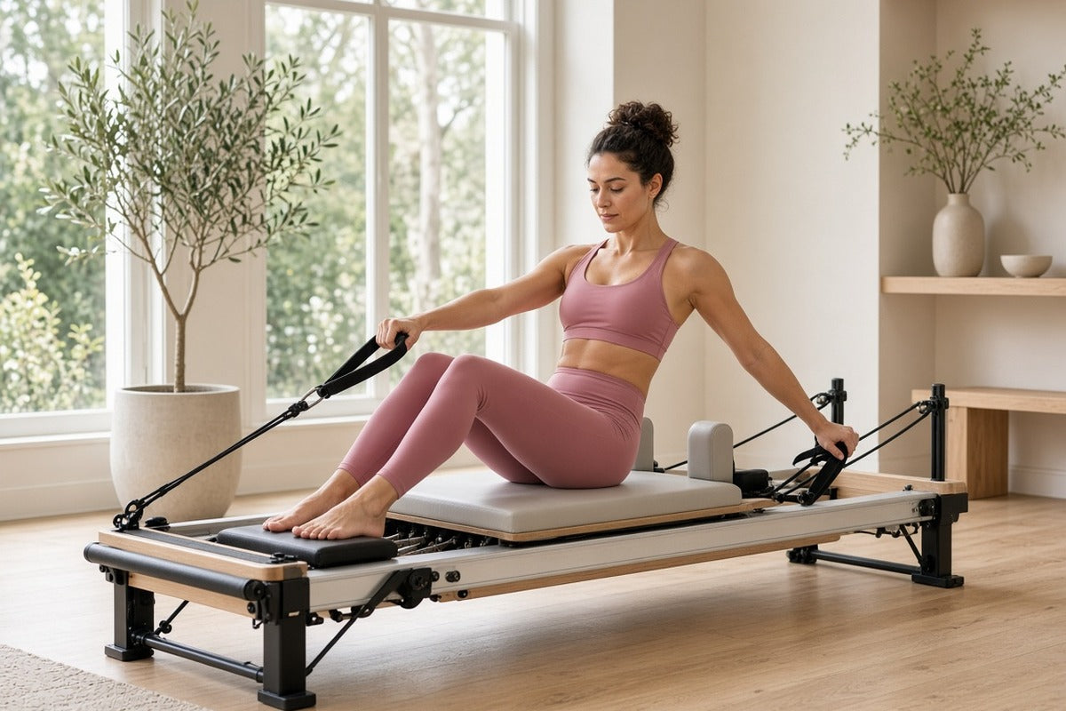 Woman training on a Pilates reformer