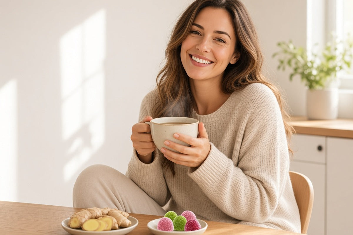 Relaxed woman with ginger tea and creatine gummies