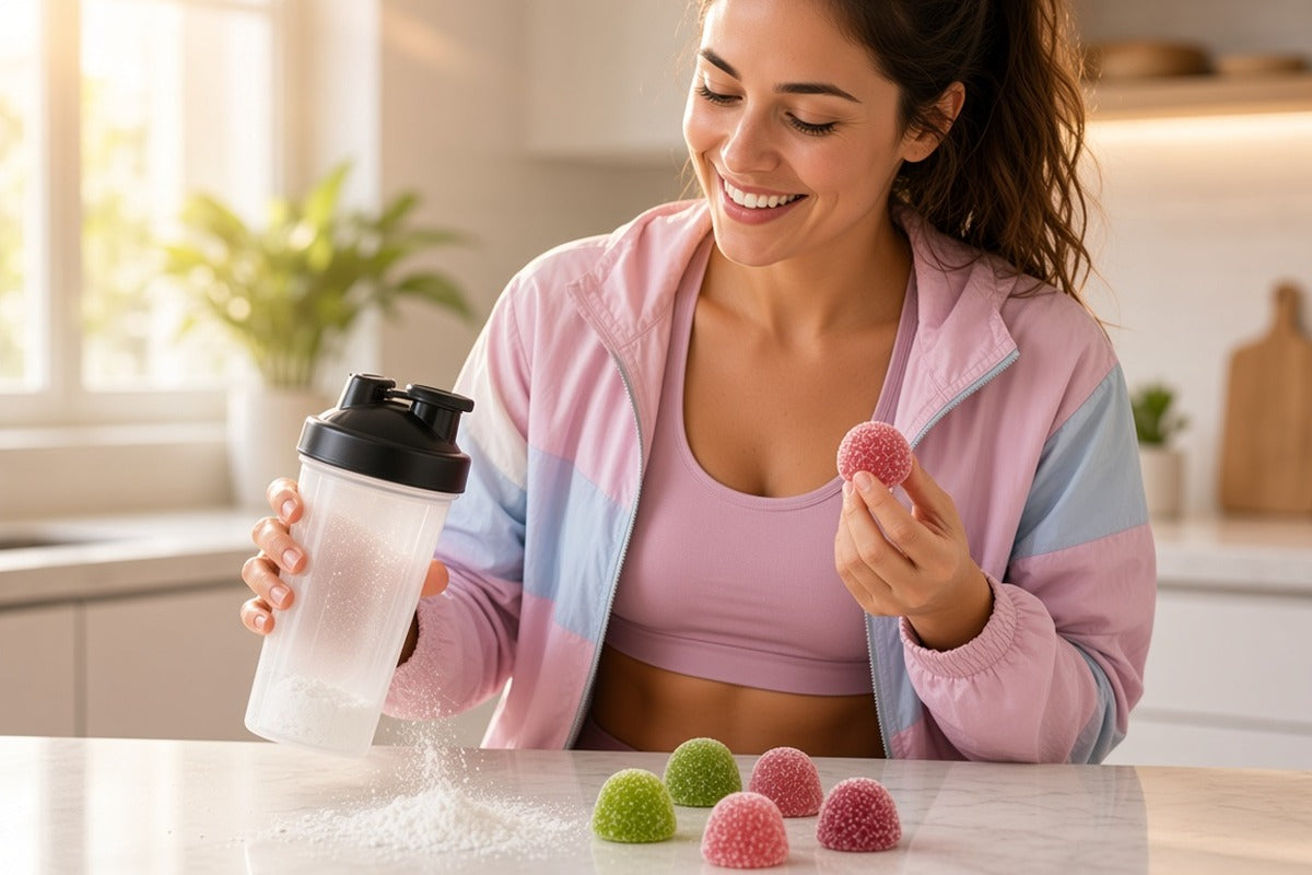 Woman swapping a powder shaker for creatine gummies